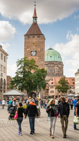 NUERNBERG, GERMANY - SEPTEMBER 5: Tourist at the Weisser Turm tower in Nuernberg, Germany on September 5, 2015. Nuremberg is the second biggest city of Bavaria. Foto taken from Ludwigsplatz with view to Jakobsplatz.のeditorial素材