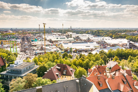 MUNICH, GERMANY - SEPTEMBER 30: View over the Oktoberfest in Munich, Germany on September 30, 2015. The Oktoberfest is the biggest beer festival of the world with over 6 million visitors each year. Foto taken from Paulskirche.のeditorial素材