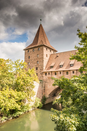 Medieval city wall in Nuernberg (Franconia, Germany) at the river Pegnitzのeditorial素材