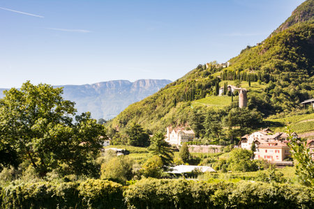 Hill in Bolzano with the tower of the Treunstein Castle Ruinのeditorial素材