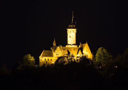 BAMBERG, GERMANY - MAI 7: Illuminated Altenburg castle at nicht in Bamberg, Germany on Mai 7, 2016. The castle was built in the 12th centruy.のeditorial素材