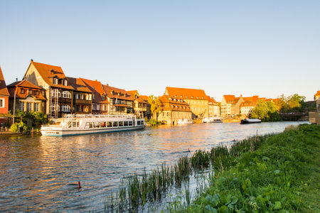BAMBERG, GERMANY - MAY 7: Fishermen's houses from the 19th century in Klein-Venedig (Little Venice) in Bamberg, Germany on May 7, 2016. Foto taken from Am Leinritt with view accross the river Regnitz.のeditorial素材