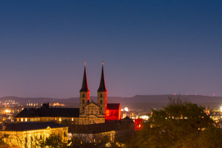 Illuminated Michelsberg Abbey (Kloster Michelsberg) in Bamberg at nightのeditorial素材