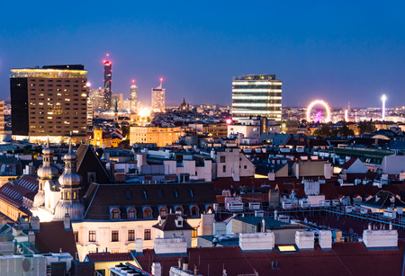 Aerial view over the cityscape of Vienna (Austria) at nightの写真素材