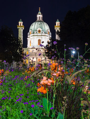 Illuminated Baroque Karlskirche in Vienna (Austria) at nightのeditorial素材