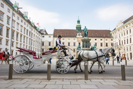 VIENNA, AUSTRIA - AUGUST 28: Tourists in a horse-drawn carriage called Fiaker at the imperial Hofburg palace in Vienna, Austria on August 28, 2017.のeditorial素材