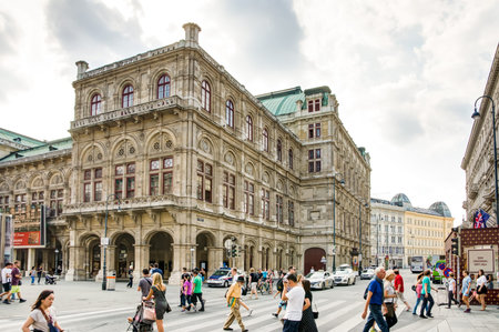 VIENNA, AUSTRIA - AUGUST 28: Tourists at the State Opera of  Vienna, Austria on August 28, 2017.