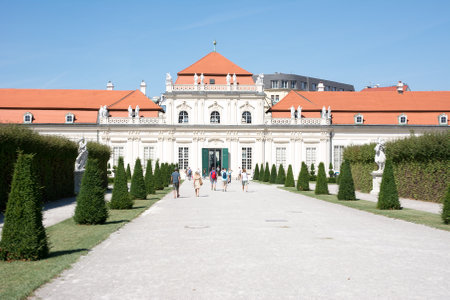 VIENNA, AUSTRIA - AUGUST 29: People in the garden of the Belvedere palace in Vienna, Austria on August 29, 2017.のeditorial素材