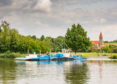 WIPFELD, GERMANY - AUGUST 21: Ferry boat crossing the river Main in Wipfeld, Germany on August 21, 2017.のeditorial素材