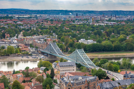 DRESDEN, GERMANY - AUGUST 21: Aerial view over Dresden, Germnay on August 21, 2018. View from Loschwitz to the famous bridge called Blaues Wunder (blue wonder).のeditorial素材
