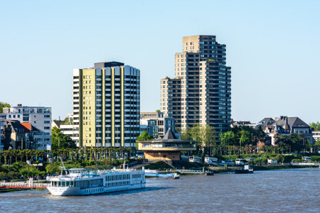COLOGNE, GERMANY - MAY 13: Ship at the river Rhine in Cologne, Germany on May 13, 2019.のeditorial素材