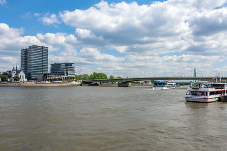 COLOGNE, GERMANY - MAY 12: Ship at the river Rhine in Cologne, Germany on May 12, 2019.のeditorial素材