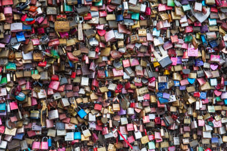COLOGNE, GERMANY - MAY 12: Love locks at the Hohenzollernbridge in Cologne, Germany on May 12, 2019.のeditorial素材
