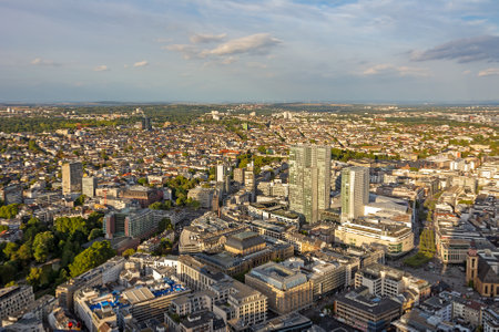 FRANKFURT, GERMANY - SEPTEMBER 17: Aerial view over the city and the skyscrapers of Frankfurt, Germany on September 17, 2019.  Foto taken from Main Tower.のeditorial素材
