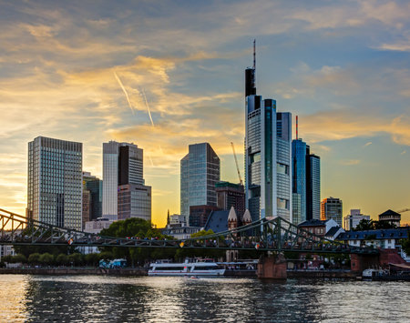 FRANKFURT, GERMANY - SEPTEMBER 15: The Main river and the skyline of Frankfurt, Germany on September 15, 2019.  Foto taken from Schaumainkai.のeditorial素材