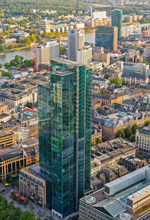 FRANKFURT, GERMANY - SEPTEMBER 17: Aerial view over the city and the skyscrapers of Frankfurt, Germany on September 17, 2019.  Foto taken from Main Tower.のeditorial素材