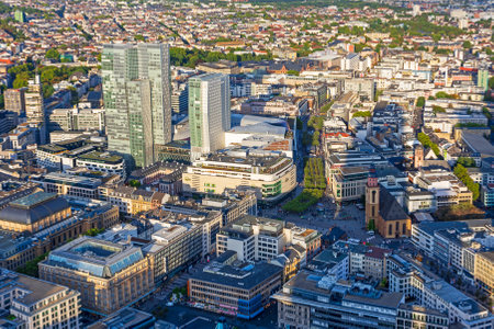 FRANKFURT, GERMANY - SEPTEMBER 17: Aerial view over the city and the skyscrapers of Frankfurt, Germany on September 17, 2019.  Foto taken from Main Tower.のeditorial素材