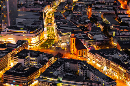 FRANKFURT, GERMANY - SEPTEMBER 17: Night scene  with an aerial view over the city of  Frankfurt, Germany on September 17, 2019.  Foto taken from Main Tower with view to the pedestrian area called Zeil.のeditorial素材
