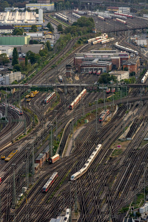 FRANKFURT, GERMANY - SEPTEMBER 17: Aerial view over  rails and trains in Frankfurt, Germany on September 17, 2019.  Foto taken from Main Towerのeditorial素材
