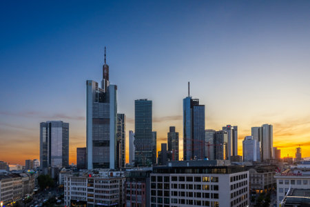 FRANKFURT, GERMANY - SEPTEMBER 19: Sunset scene  with an aerial view over the city of  Frankfurt, Germany on September 19, 2019.  Foto taken from Zeil with view to the skyscrapers.のeditorial素材
