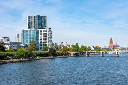 FRANKFURT, GERMANY - SEPTEMBER 15: The Main river waterfront in Frankfurt, Germany on September 15, 2019.  Foto taken from Mainkai.のeditorial素材