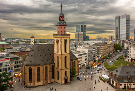 FRANKFURT, GERMANY - SEPTEMBER 16: Sunset scene  with an aerial view over the city of  Frankfurt, Germany on September 16, 2019.  Foto taken from Zeil with view to the Katherinenkirche church.のeditorial素材
