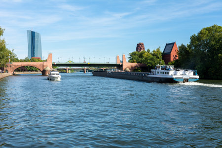 FRANKFURT, GERMANY - SEPTEMBER 15: Barge on the Main river in Frankfurt , Germany on September 15, 2019. Foto taken from Eiserner Steg with view to the European Central Bankのeditorial素材