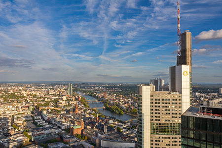 FRANKFURT, GERMANY - SEPTEMBER 17: Aerial view over the city and the Commerzbank Tower in Frankfurt, Germany on September 17, 2019.  Foto taken from Main Tower with view to the Commerzbank Tower.のeditorial素材