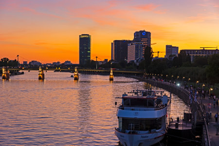 FRANKFURT, GERMANY - SEPTEMBER 15: Passenger ship in the Main river in Frankfurt, Germany on September 15, 2019.  Foto taken from Mainkai.のeditorial素材