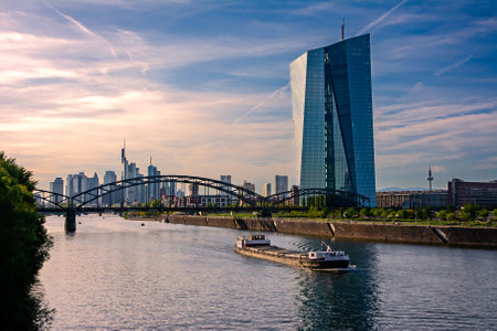 FRANKFURT, GERMANY - SEPTEMBER 15: The European Central Bank an the Main River in Frankfurt , Germany on September 15, 2019. Foto taken from Schaumainkai.のeditorial素材