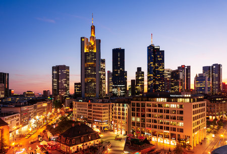 FRANKFURT, GERMANY - SEPTEMBER 19: Night scene  with an aerial view over the city of  Frankfurt, Germany on September 19, 2019.  Foto taken from Zeil with view to the skyscrapers.のeditorial素材