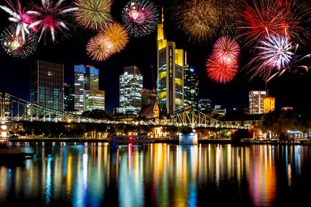 Fireworks at the skyline of Frankfurt  at nightの写真素材