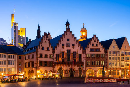 FRANKFURT, GERMANY - SEPTEMBER 15: Night scene at the historic old town of Frankfurt , Germany on September 15, 2019. Foto taken from Roemerberg.のeditorial素材