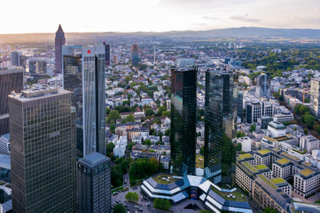 FRANKFURT, GERMANY - SEPTEMBER 17: Aerial view over the city and the skyscrapers of Frankfurt, Germany on September 17, 2019.  Foto taken from Main Tower.のeditorial素材