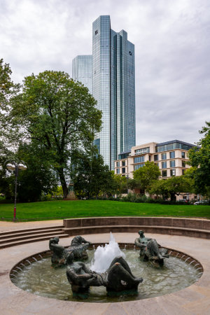 FRANKFURT, GERMANY - SEPTEMBER 16: The Deutsche Bank Headquarters in Frankfurt, Germany on September 16, 2019. Deutsche Bank is the largest bank in Germany. Foto taken from Opernplatz.のeditorial素材