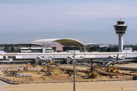 MUNICH, GERMANY - SEPTEMBER 11: Construction site at the the airport of Munich, Germany on September 11, 2019. Foto taken from the visitor platform of the airport.のeditorial素材