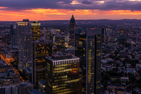 Aerial view over the skyscrapers of  Frankfurt (Germany) at sunsetのeditorial素材