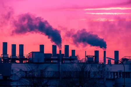 Dark smoke comming from the chimneys of an old factory.の写真素材