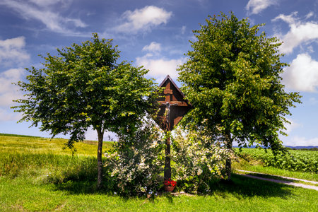 Traditional wooden wayside cross in Bavaria (Germany)の写真素材