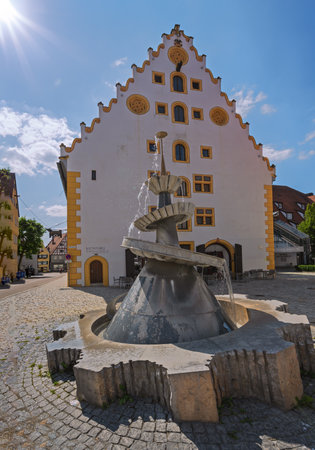 NOERDLINGEN, GERMANY - JULY 21: Fountain at an historic old town square in Noerdlingen, Germany on July 21, 2021.のeditorial素材