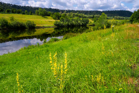 Idyllic landscape along a canal in the AltmÃ¼hltal (Bavaria, Germany)の写真素材