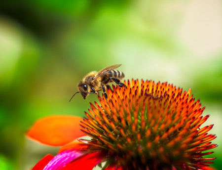 Macro of a bee collecting nectar in an echinacea flower blossom