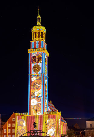 AUGSBURG, GERMANY - OCTOBER 24: Illuminated historic buildings at the festival of lights in Augsburg, Germany on October 24, 2021のeditorial素材