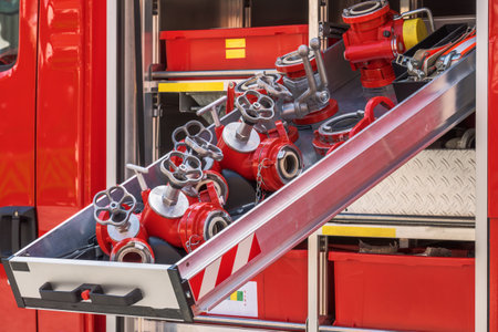 Emergency equipment inside a red fire truckの写真素材