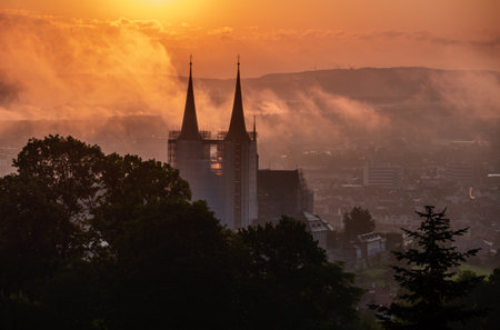 View over Bamberg (Franconia, Germany) and the Michelsberg monastery at sunriseの写真素材