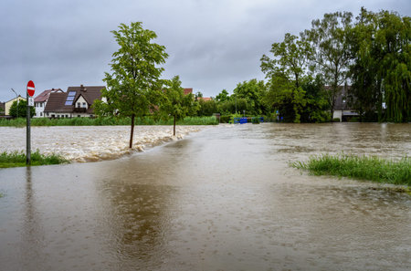 Landscape with a flooded street in Schrobenhausen