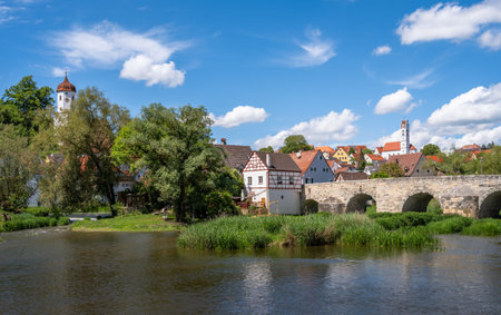 Historic bridge across the river WÃ¶rnitz at the city Harburg (Bavaria, Germnay)の写真素材