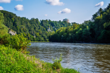 The Danube valley near Kehlheim with the Befreiungshall monument in the backgroundの写真素材