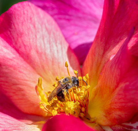 Macro of a bee pollinating at a dahlia flowerの写真素材