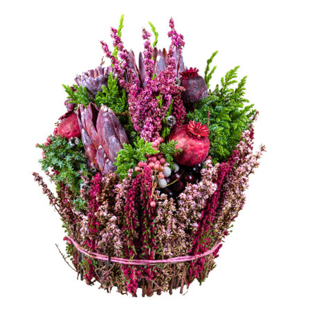 Closeup of an isolated autumn flower arrangementの写真素材